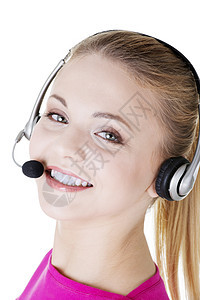 年轻呼叫中心助手笑着微笑女孩接待员推销女性代理人办公室工作求助热线耳机图片