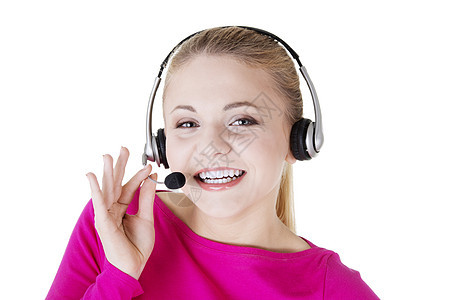 年轻呼叫中心助手笑着微笑女士顾客商业耳机电话帮助服务台女孩女性秘书图片