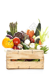 将新鲜蔬菜放在一个箱子里团体农业绿色水平食物饮食辣椒沙拉菊苣叶子图片