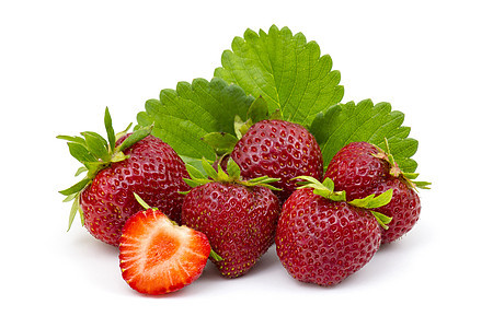 新鲜草莓叶子白色绿色水果花园甜点食物饮食水平果味图片