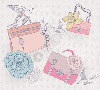 时装袋插图 时装袋的背景 鲜花和鸟类 请柬或生日卡图片