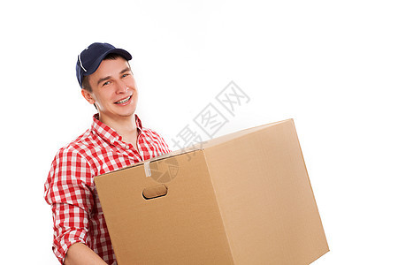 带棕色盒子的英俊年轻快递员工人司机纸盒服务男性送货船运工作工作室帽子图片