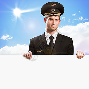 旅游海报以持有空广告牌的形式进行试点侦察员飞行员天空男人广告蓝色旅游航空公司绘画领导者背景