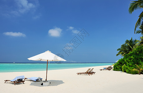 马尔代夫美丽的沙滩椅子旅行天空异国奢华躺椅蓝色阳伞海岸线海洋图片