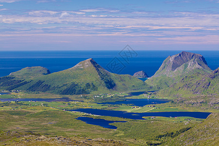 挪威风景湖泊海洋全景海岸线峡湾山脉晴天蓝色山峰海岸图片