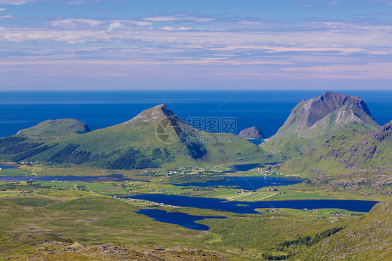 挪威风景湖泊海洋全景海岸线峡湾山脉晴天蓝色山峰海岸图片