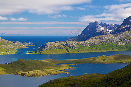 挪威图片公司山峰海洋风景蓝色山脉晴天全景海岸峡湾海岸线图片