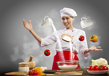 亚洲女性用魔法烹饪帽子成人面粉女孩胡椒魅力女士蔬菜手指食物图片