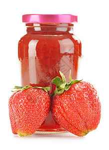 在白色背景中被隔离的草莓果酱罐购物杂货店产品玻璃早餐厨房水果图片
