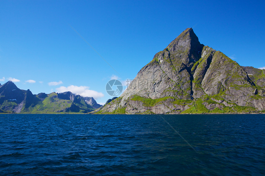 美丽的挪威晴天海岸线悬崖海岸全景山脉蓝色海洋山峰风景图片