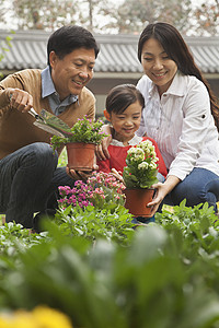 在花园的幸福家庭女儿童年文化雏菊父亲收腰植物保暖服装智能图片