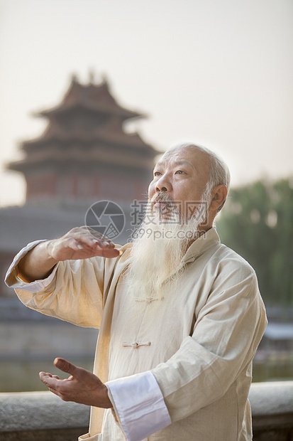 高级练习者太池太极拳胡子服装禅意活动运动休闲手势公园头发图片