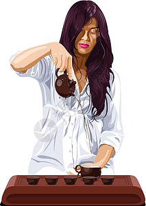功夫茶仪式工具女性茶具茶盘工夫黏土投手黑发插图棕色图片