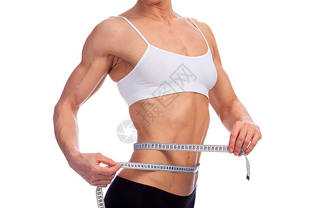女性测量其身体 白色背景 复制空间健身房组织运动员减肥腰部皮肤腰围橘皮重量饮食图片