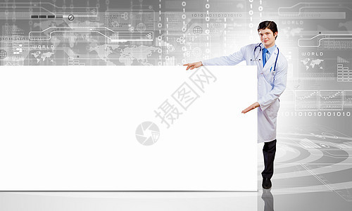 带横幅的男医生全球职业长袍从业者外科白色成人男性广告牌纸板图片