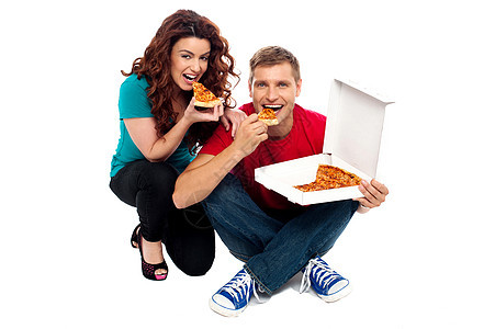 我们饿了 你呢香肠女士男朋友夫妻女性盒子男人快乐饮食地面背景图片