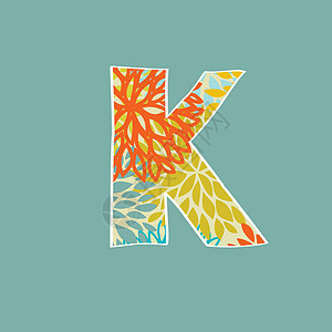 蓝色背景上孤立的手画花卉字母K Vintage矢量字母表图片