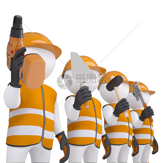 4个3D白人男子穿着带工具的内衣插图工程师木偶钻头男人衣服力量扳手手套乐器图片