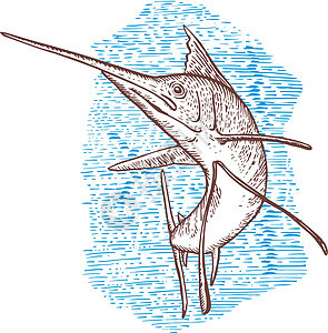 游钓鱼浮游鱼跳跃艺术品草图插图图片