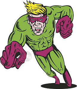 超级英雄正在运行指针反射男人力量肌肉卡通片跑步男性英雄艺术品插图图片