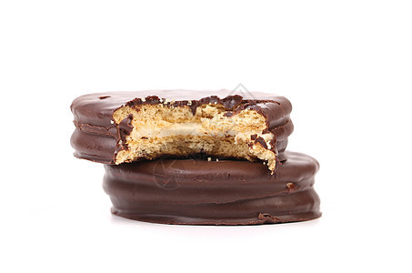 被咬的饼干三明治加巧克力宏观可可甜点糕点蛋糕小吃糖果食物活力饮食图片