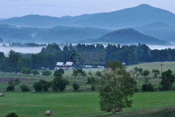 雾中的夜色风景爬坡天空阴霾森林蓝色阳光旅行全景季节土地图片