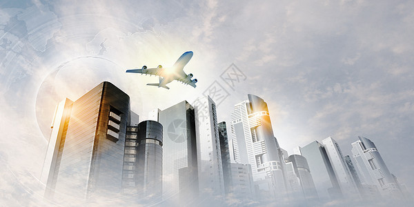 天空中的平地蓝色建筑学喷射街道摩天大楼公司旅行飞机客机办公室图片