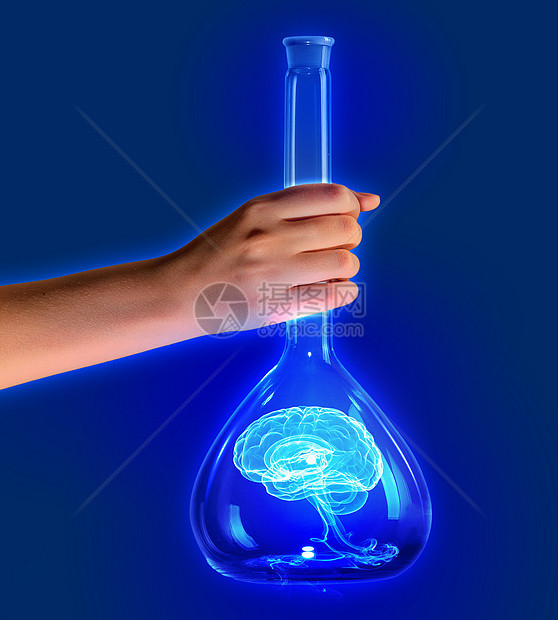 测试管中的人类大脑瓶子药品科学器皿神经软木蓝色液体玻璃化学品图片