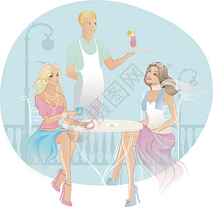 咖啡馆的两位女客人椅子购物女孩闲暇餐厅头发城市咖啡店讲话桌子图片