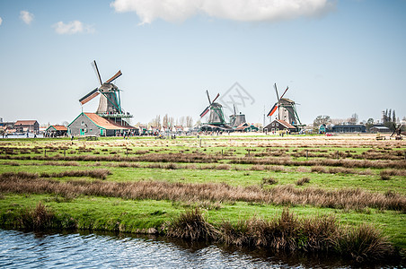 荷兰风车能源蓝色瓷砖建筑木头天空翅膀图片