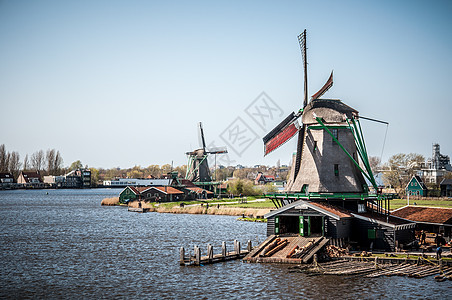 荷兰风车能源木头天空建筑蓝色瓷砖翅膀图片