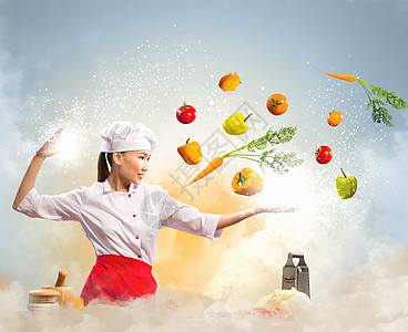亚洲女性用魔法烹饪胡椒牛奶面粉女孩女士沙拉成人杯子帽子蔬菜图片