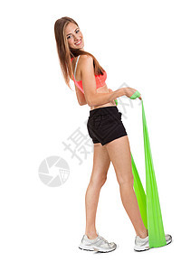 运动的年轻女运动员 用物理胶带乳胶胶带锻炼理疗训练治疗橡皮身体理疗师保健女性二头肌骨科图片