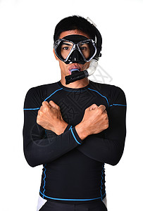 隔离了带有潜水设备的男子假期活动潜水员呼吸管泳装黑色身体男人旅游培训师图片