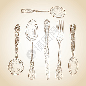 手绘的旧餐具套装勺子派对食物潮人美食用餐打印小酒馆咖啡店草图图片