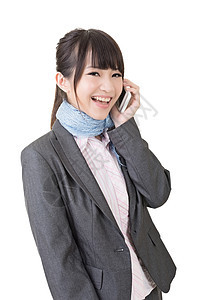亚洲商业妇女使用手机的亚洲女商务人士女性套装商务挑战电话成功白色技术女士工作室图片
