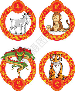 中国动物     龙 山羊 猴子和老虎背景图片