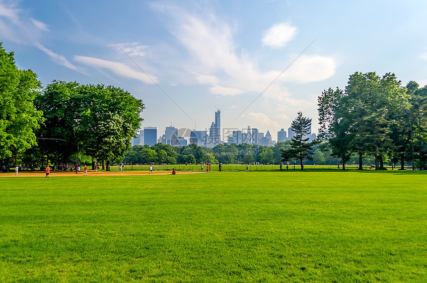 曼哈顿中央公园树木景观反射建筑城市天空风景晴天摩天大楼公园图片