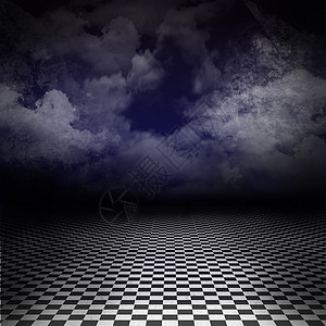 空旷 黑暗 迷幻的艺术形象 地上铺着黑白方格地板 阴天 深牛仔布蓝天中有光线图片