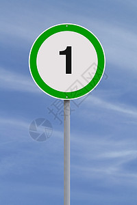 一个指示牌圆圈蓝色公里警告绿色标志减速极限天空背景图片