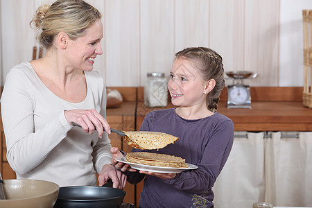小女孩和妈妈正准备吃煎饼做早餐呢图片