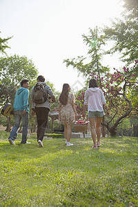 四个朋友在春天走进公园野餐 带着野餐篮和足球四个人聚会女性摄影乐趣长发原声篮子年轻人团结图片