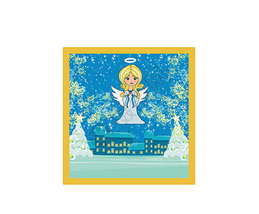 与天使一起的圣诞卡摘要蓝色卡通片女孩时候祷告星星家园天堂插图漩涡图片