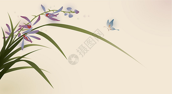 东方风格的绘画 鲜花和蝴蝶图片