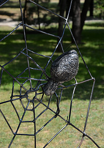 铁丝网上的伪造金属蜘蛛网络昆虫捕食者陷阱八角形图片