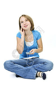 女孩听音乐的少女闲暇白色耳塞女孩们曲目电子立体声青年女性音乐播放器图片