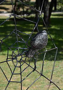 铁丝网上的伪造金属蜘蛛网络陷阱八角形捕食者昆虫图片