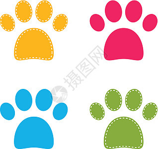 白色上孤立的可爱 多彩色可爱的小狗狗Paws爪子平面邮票插图老虎卡通片虚线打印动物艺术品图片