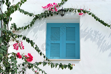 白墙上的蓝色窗口窗户构造家具房子场景艺术框架村庄粉饰建筑学图片