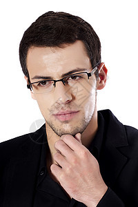 白人青年男子男人工作室男性衣服姿势思维成人白色眼镜图片